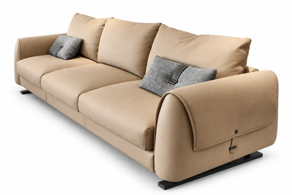 Beige Cushion-Back Three-Seater Sofa — main view