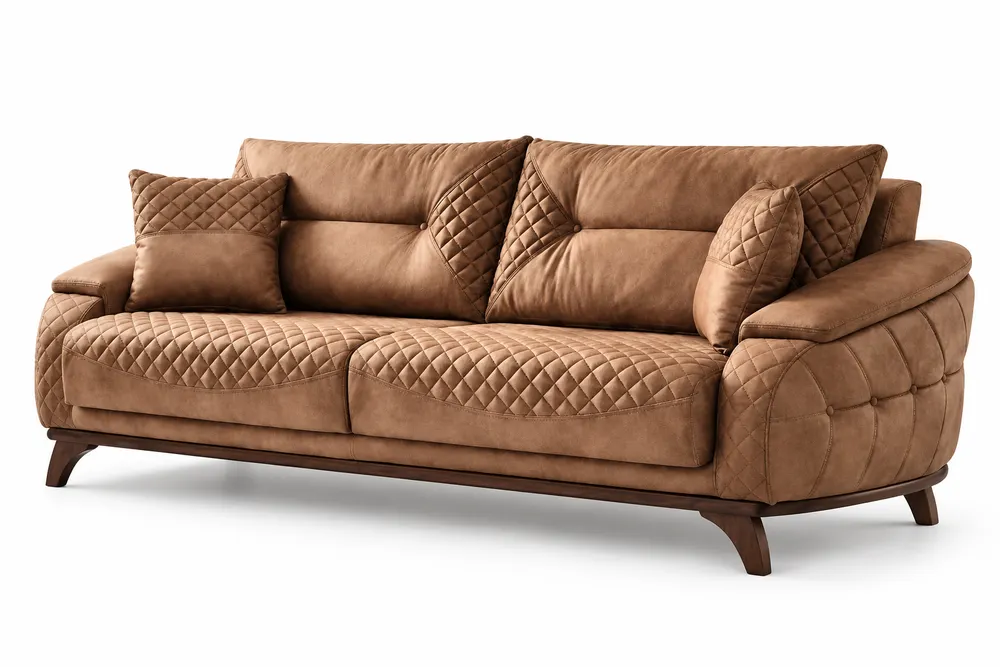 Brown Cushion-Back Three-Seater Sofa — main view