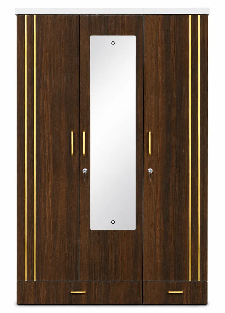 Dark Wood Three-Door Mirror Wardrobe — main view