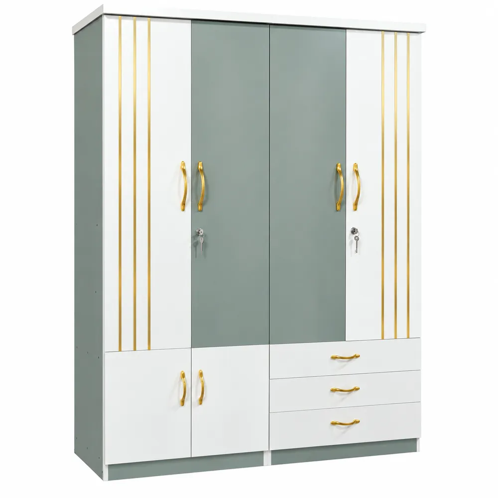 Grey-Green Four-Door Wardrobe with Lower Storage — main view