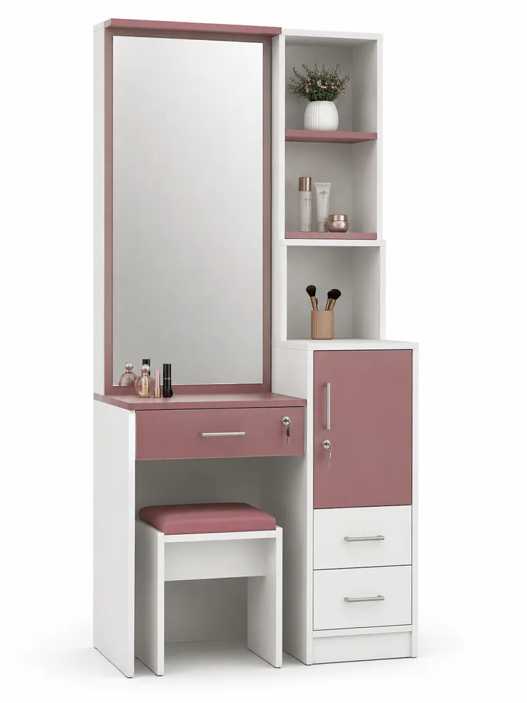 Rose Vanity with Side Cubbies and Stool — main view