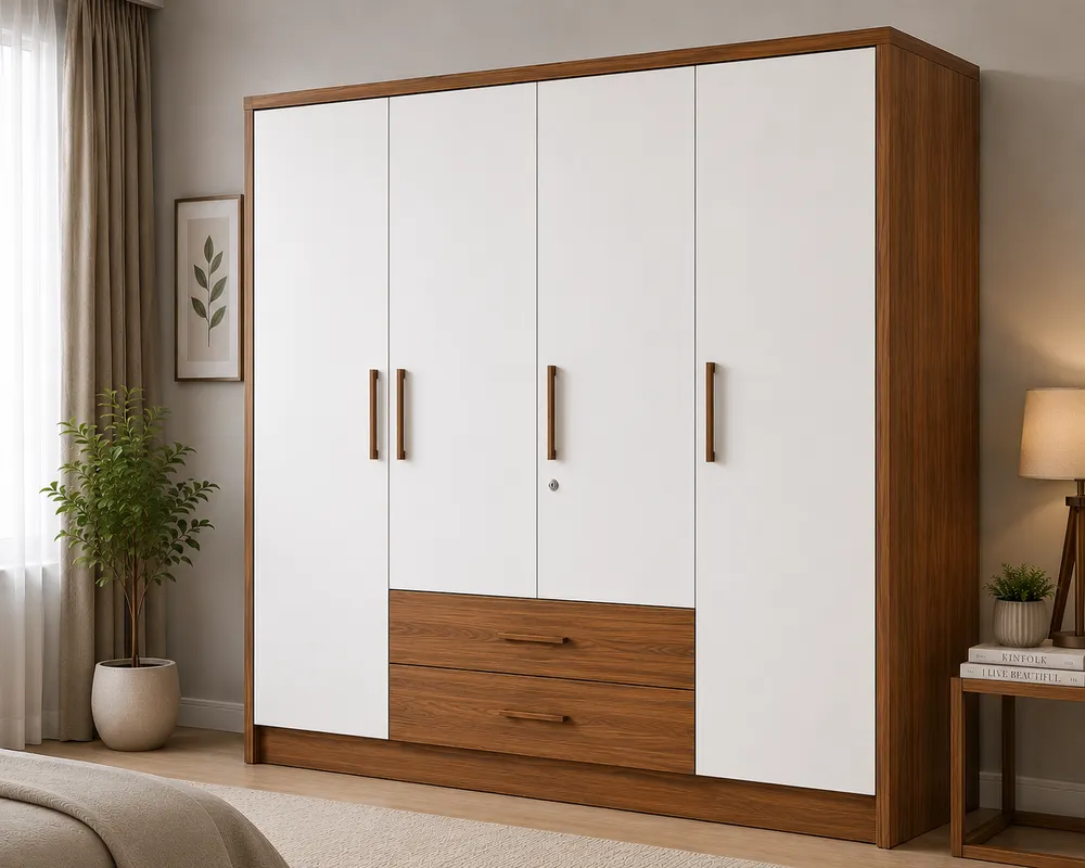 Teak and White Four-Door Wardrobe — main view