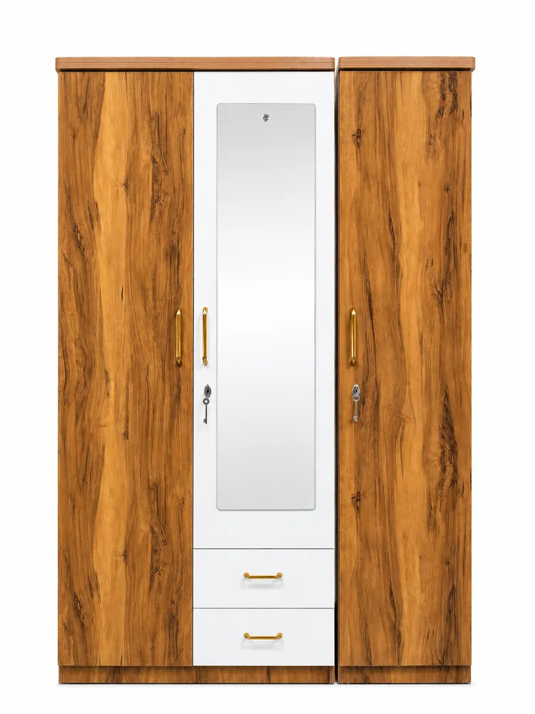 Warm Wood Three-Door Mirror Wardrobe — main view