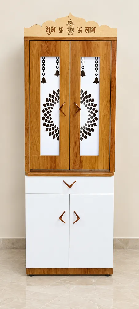 Wood and White Om-Door Mandir — design reference